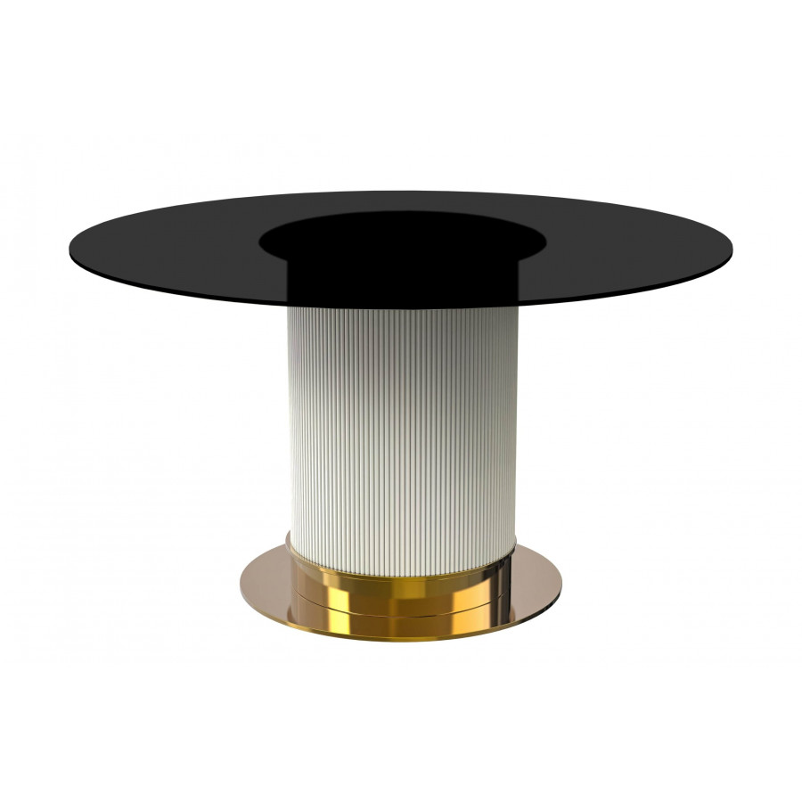 LeisureMod Jexis Modern 60" Round Dining Table with Glass Top and White/Gold Pedestal Base - Black