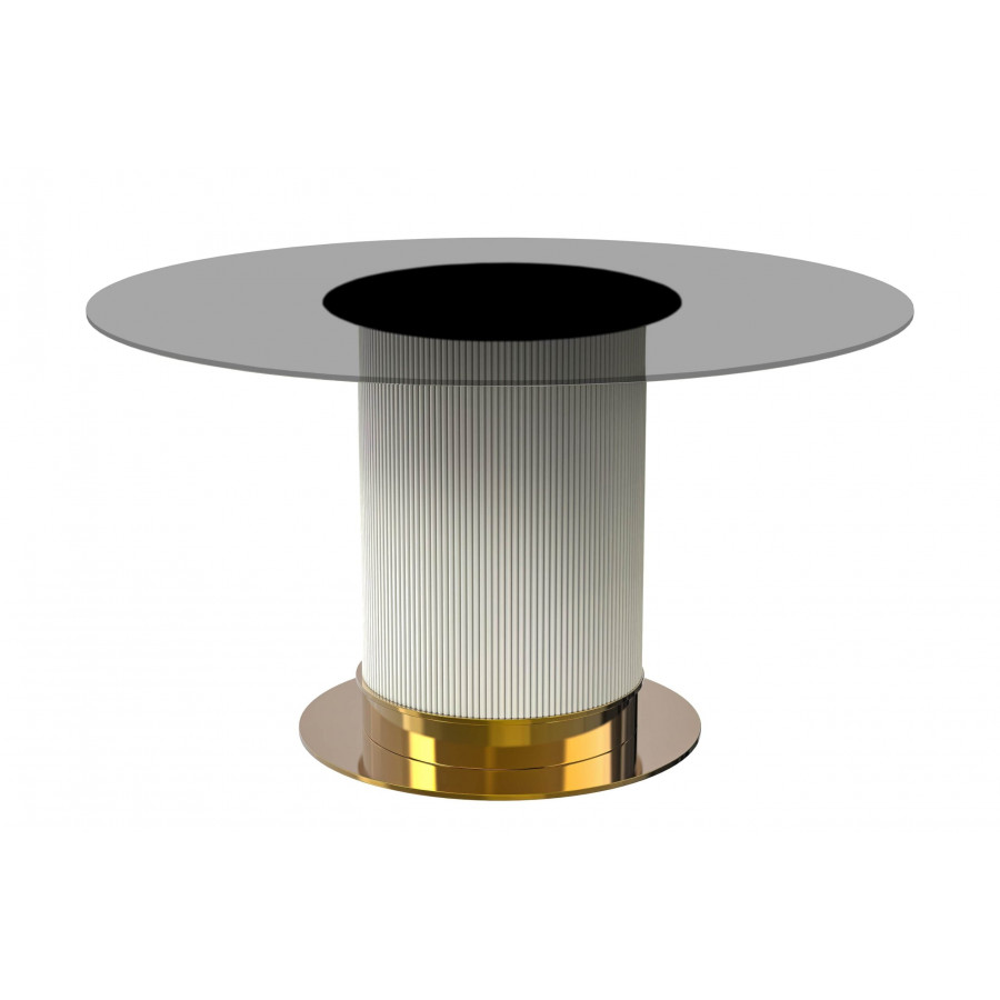 LeisureMod Jexis Modern 60" Round Dining Table with Glass Top and White/Gold Pedestal Base - Clear