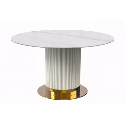 LeisureMod - Jexis Modern 60" Round Dining Table with Glass Top and White/Gold Pedestal Base