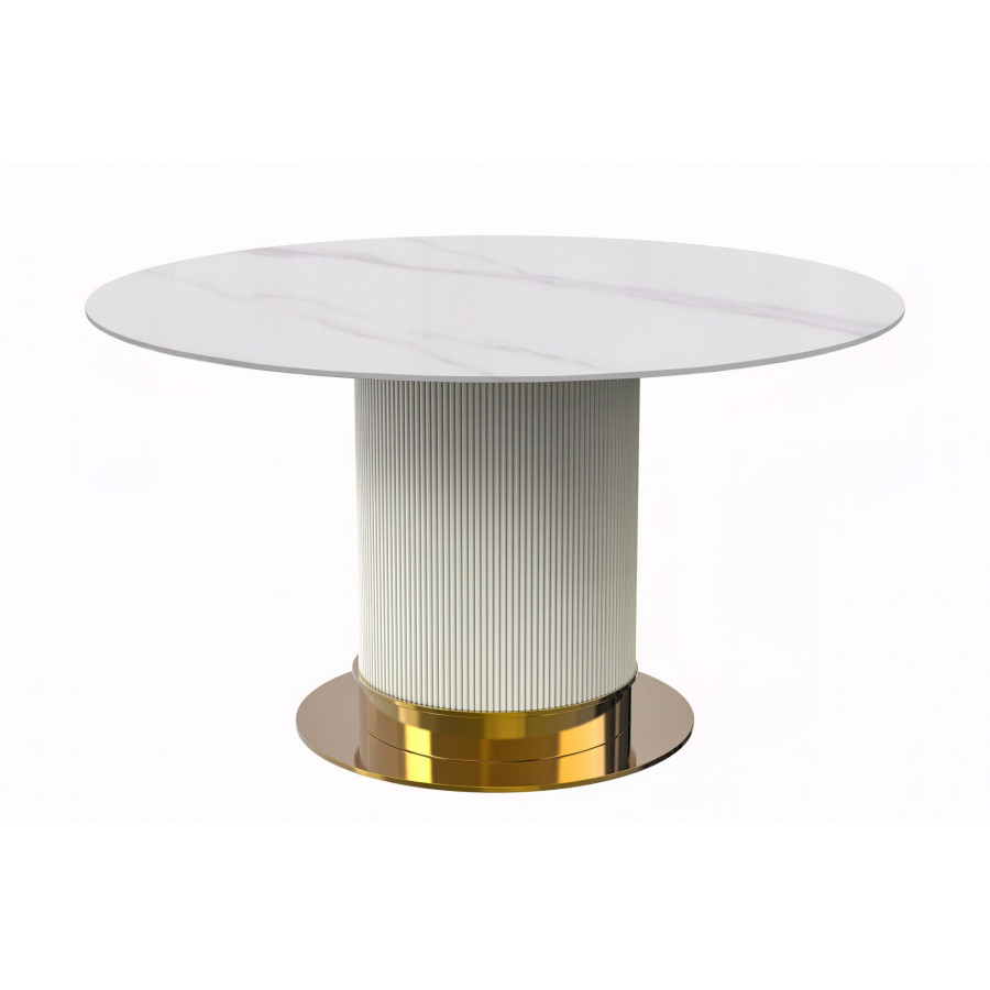 LeisureMod Jexis Modern 60" Round Dining Table with Sintered Stone Top and White/Gold Pedestal Base - Solid White