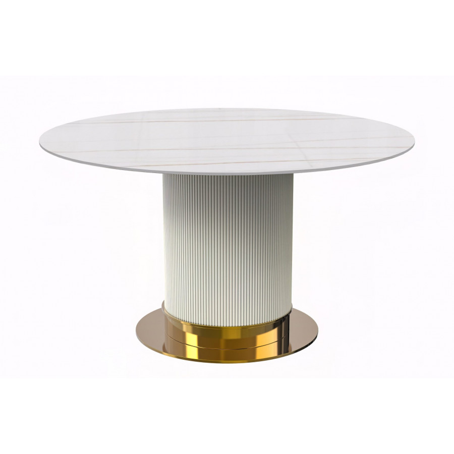 LeisureMod - Jexis Modern 60" Round Dining Table with Glass Top and White/Gold Pedestal Base