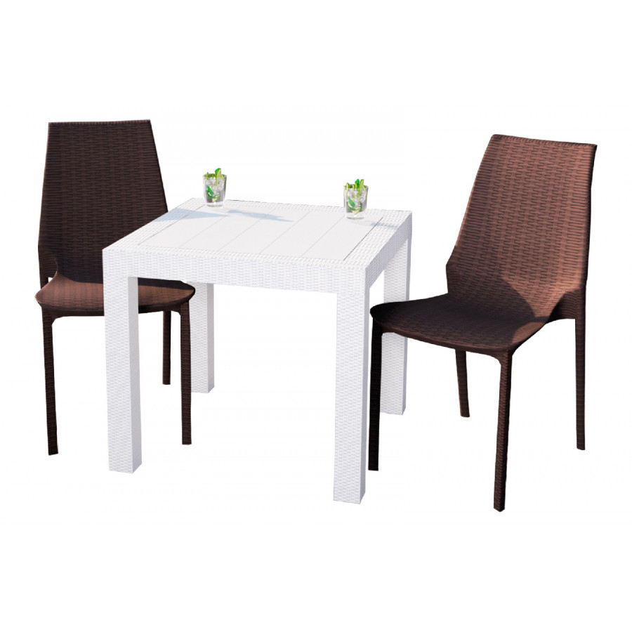 LeisureMod Kent Outdoor White Table With 2 Brown Chairs Dining Set - White/Brown