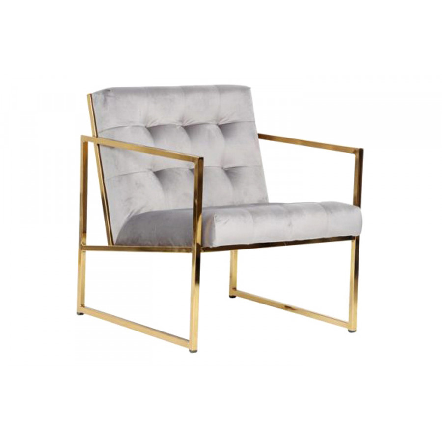 LeisureMod Lexington Tufted Velvet Accent Armchair with Gold Frame - Fossil/Gray