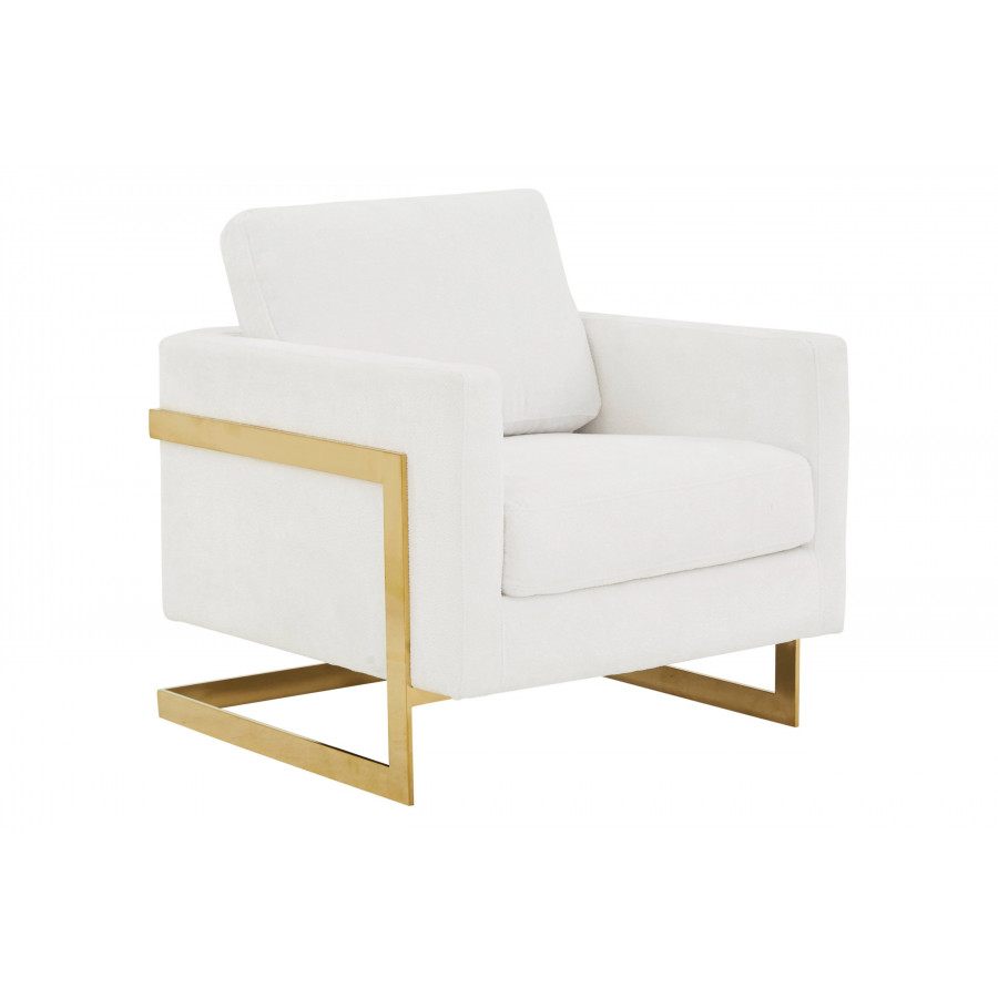 LeisureMod Lincoln Boucle Fabric Accent Armchair Gold Stainless Steel Frame - White