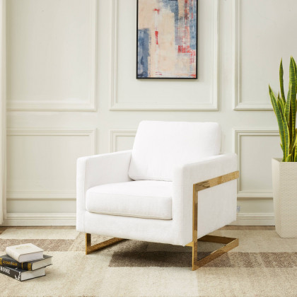 LeisureMod Lincoln Boucle Fabric Accent Armchair Gold Stainless Steel Frame - White