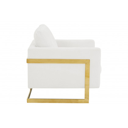 LeisureMod Lincoln Boucle Fabric Accent Armchair Gold Stainless Steel Frame - White