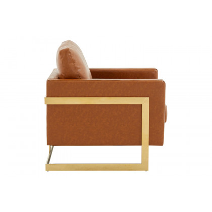 LeisureMod Lincoln Leather Accent Armchair with Gold Frame - Cognac/Tan