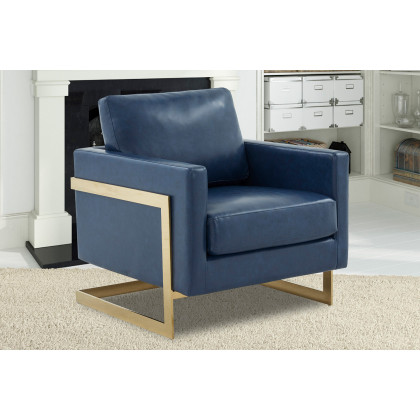 LeisureMod Lincoln Leather Accent Armchair with Gold Frame - Navy Blue