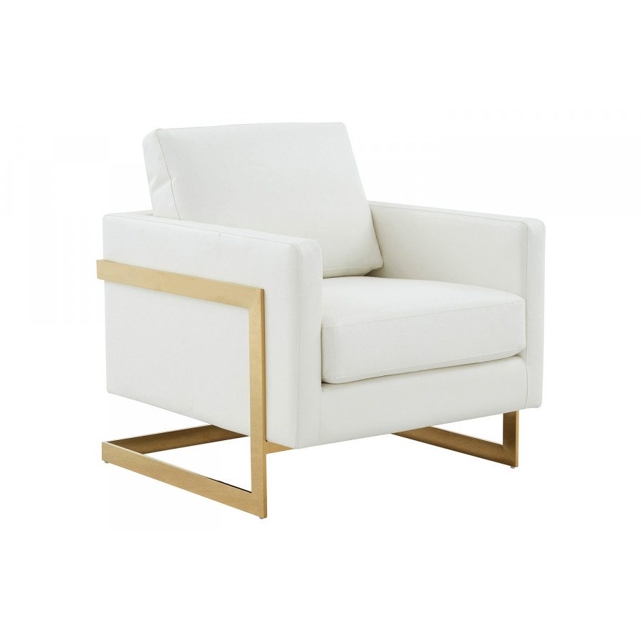 LeisureMod Lincoln Leather Accent Armchair with Gold Frame - White