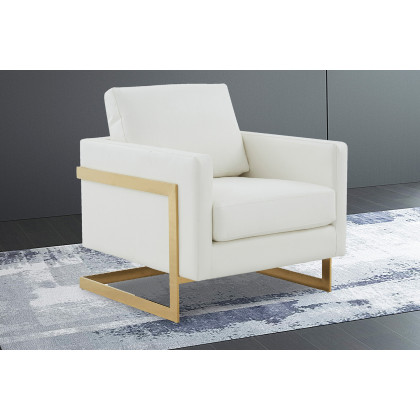 LeisureMod Lincoln Leather Accent Armchair with Gold Frame - White