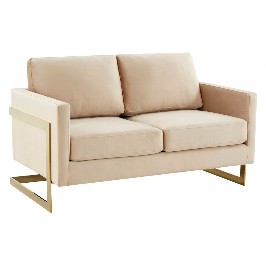 LeisureMod Lincoln Velvet Loveseat with Gold Frame - Beige