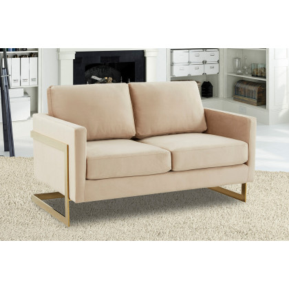 LeisureMod Lincoln Velvet Loveseat with Gold Frame - Beige