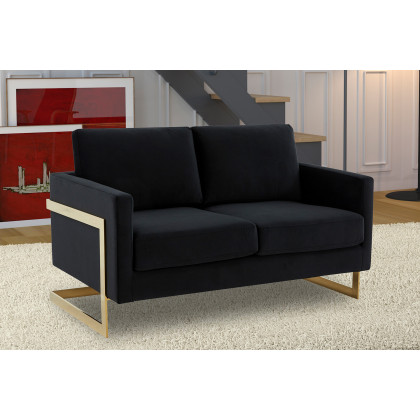 LeisureMod Lincoln Velvet Loveseat with Gold Frame - Midnight Black