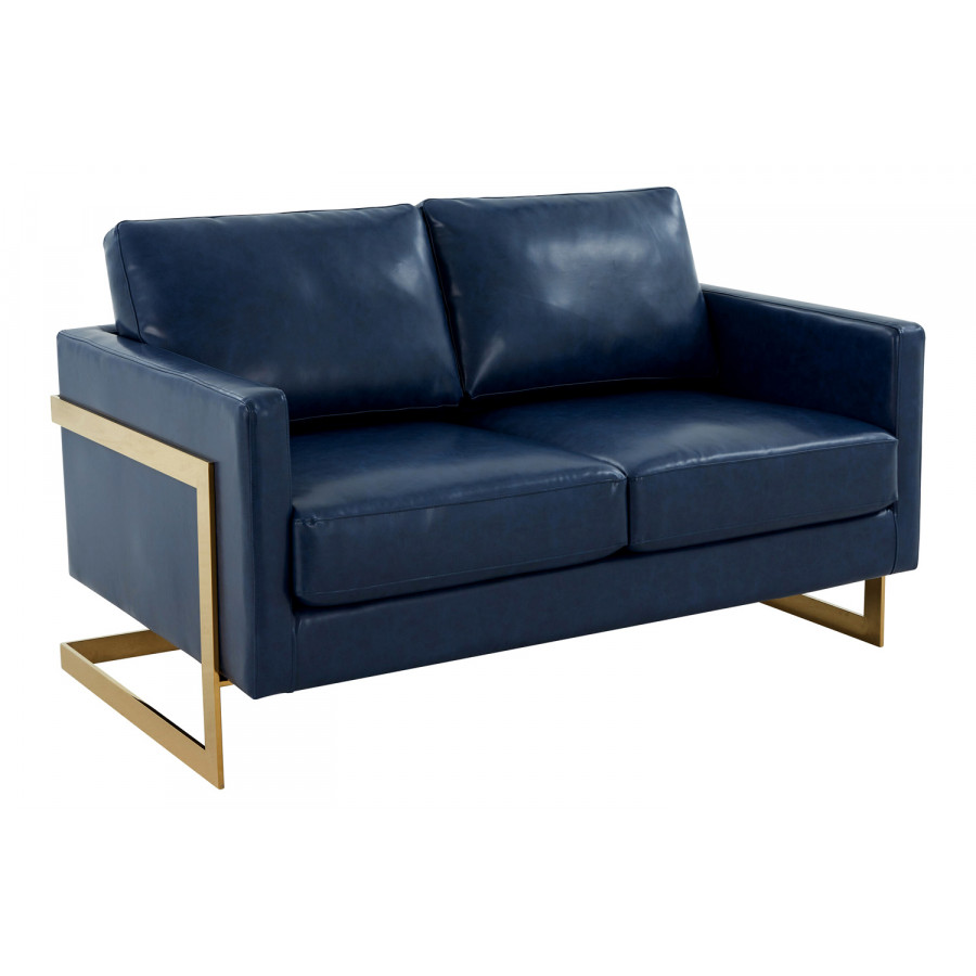 LeisureMod Lincoln Leather Loveseat with Gold Frame - Navy Blue