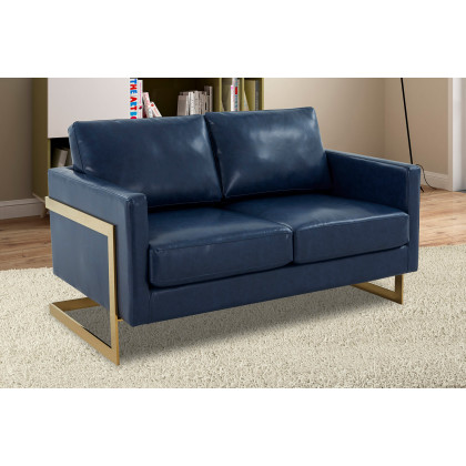 LeisureMod Lincoln Leather Loveseat with Gold Frame - Navy Blue