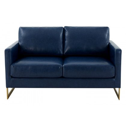 LeisureMod Lincoln Leather Loveseat with Gold Frame - Navy Blue