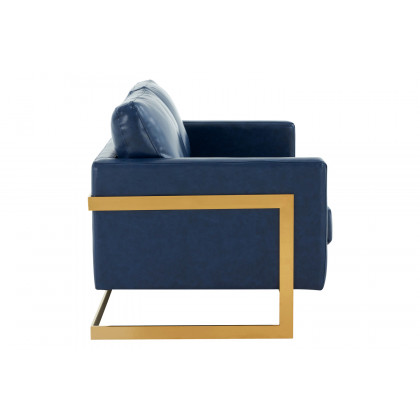 LeisureMod Lincoln Leather Loveseat with Gold Frame - Navy Blue