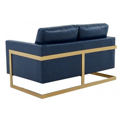 LeisureMod Lincoln Leather Loveseat with Gold Frame - Navy Blue