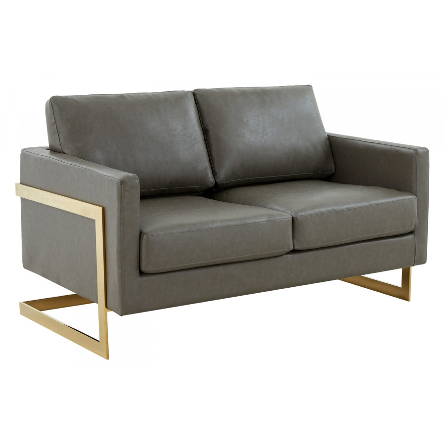 LeisureMod Lincoln Leather Loveseat with Gold Frame - Gray