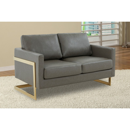 LeisureMod Lincoln Leather Loveseat with Gold Frame - Gray