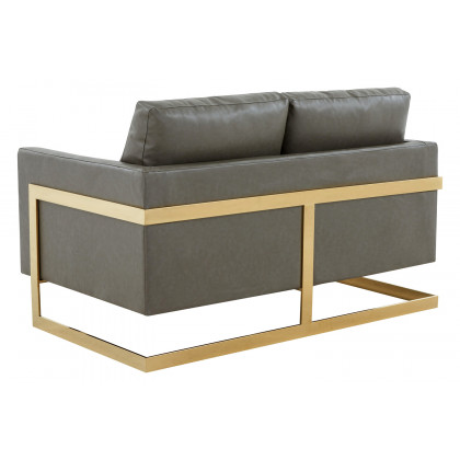 LeisureMod Lincoln Leather Loveseat with Gold Frame - Gray