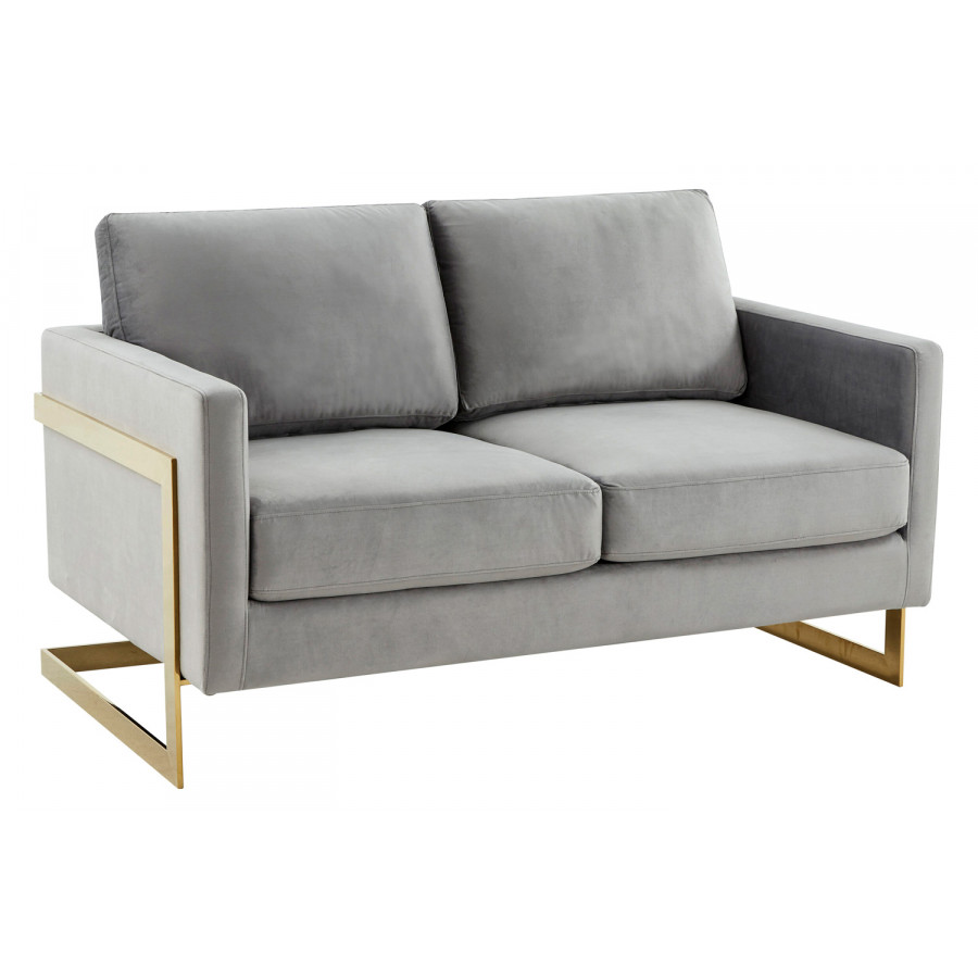 LeisureMod Lincoln Velvet Loveseat with Gold Frame - Light Gray