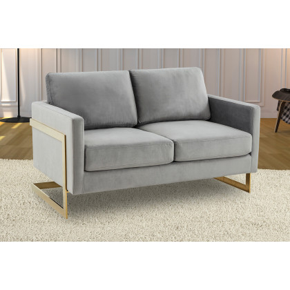 LeisureMod Lincoln Velvet Loveseat with Gold Frame - Light Gray