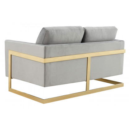 LeisureMod Lincoln Velvet Loveseat with Gold Frame - Light Gray