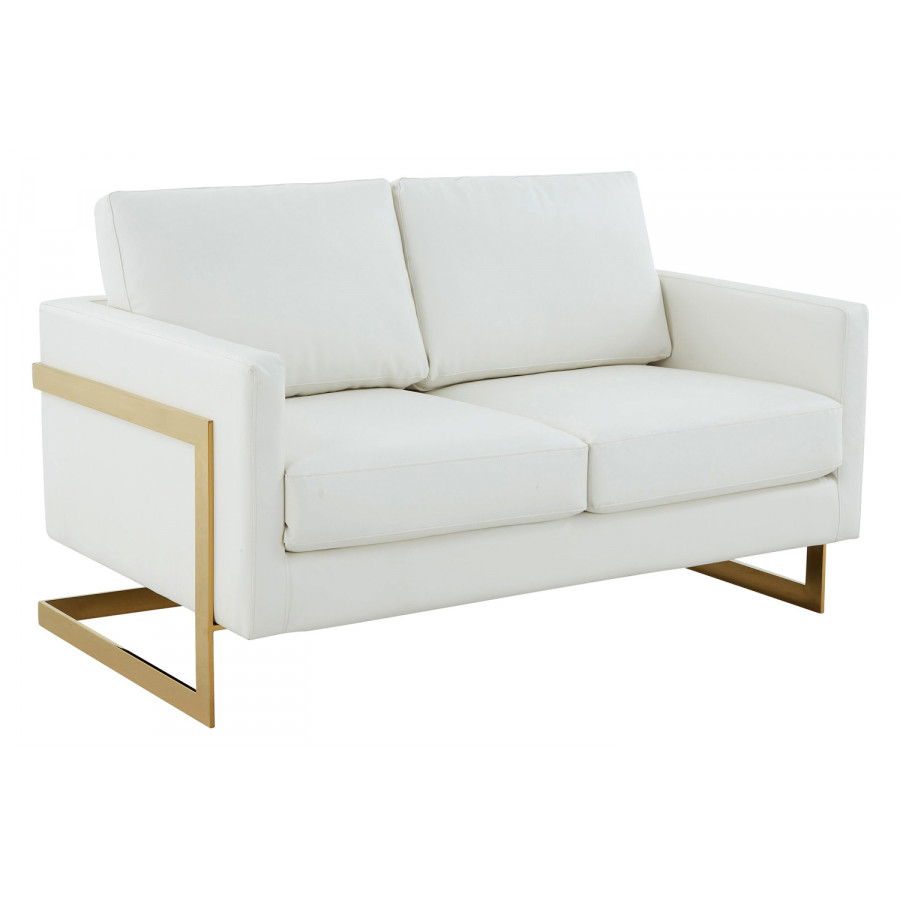 LeisureMod Lincoln Leather Loveseat with Gold Frame - White