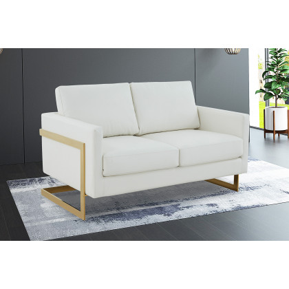 LeisureMod Lincoln Leather Loveseat with Gold Frame - White