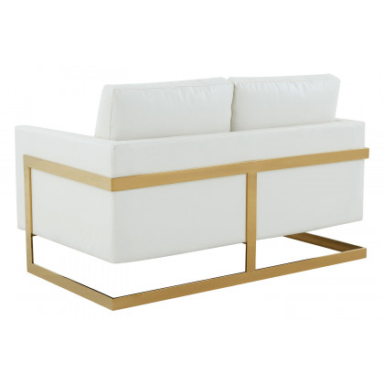 LeisureMod Lincoln Leather Loveseat with Gold Frame - White