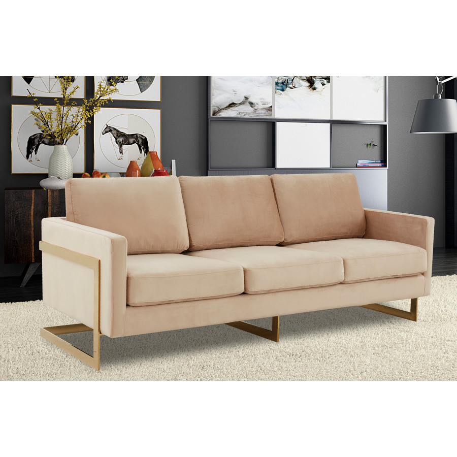 LeisureMod Lincoln Velvet Sofa with Gold Frame - Beige
