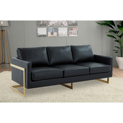 LeisureMod Lincoln Leather Sofa with Gold Frame - Black
