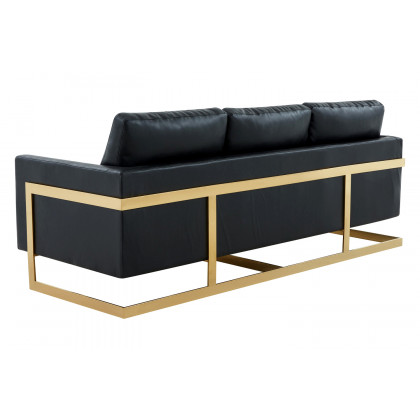LeisureMod Lincoln Leather Sofa with Gold Frame - Black