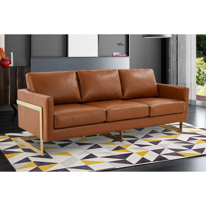 LeisureMod Lincoln Leather Sofa with Gold Frame - Cognac/Tan