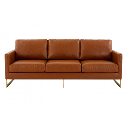 LeisureMod Lincoln Leather Sofa with Gold Frame - Cognac/Tan