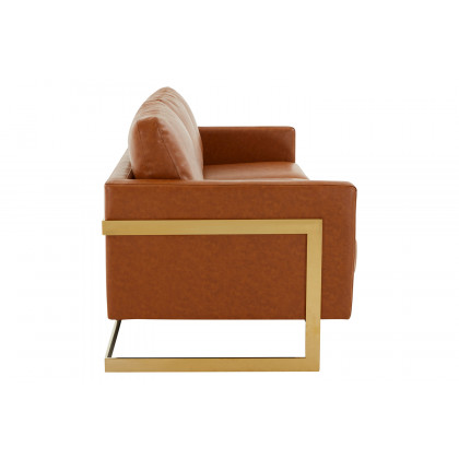 LeisureMod Lincoln Leather Sofa with Gold Frame - Cognac/Tan