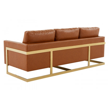 LeisureMod Lincoln Leather Sofa with Gold Frame - Cognac/Tan