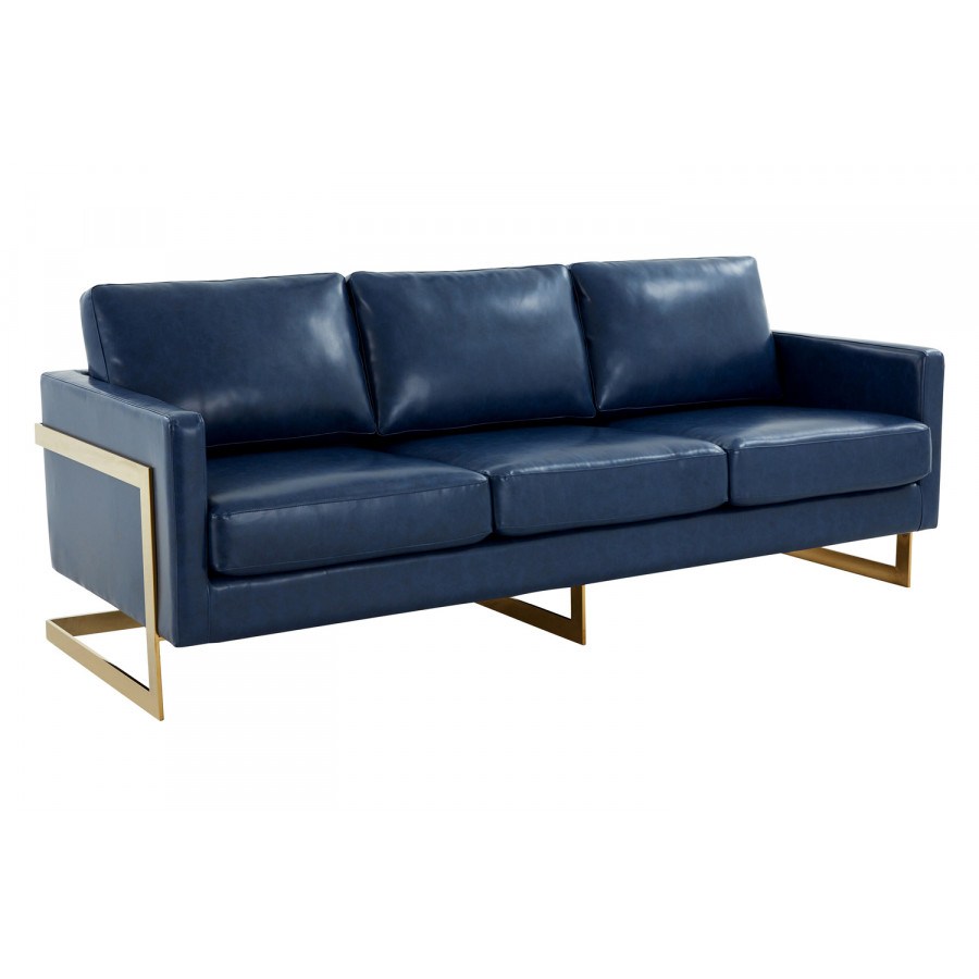 LeisureMod Lincoln Leather Sofa with Gold Frame - Navy Blue