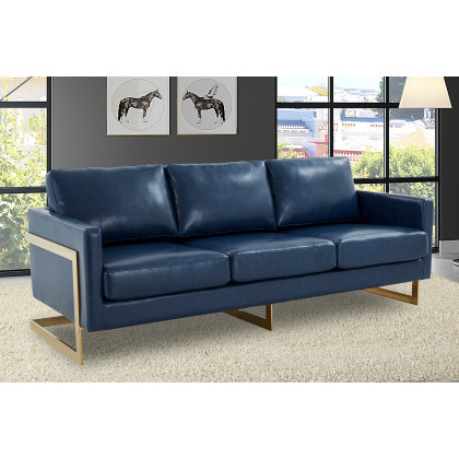 LeisureMod Lincoln Leather Sofa with Gold Frame - Navy Blue