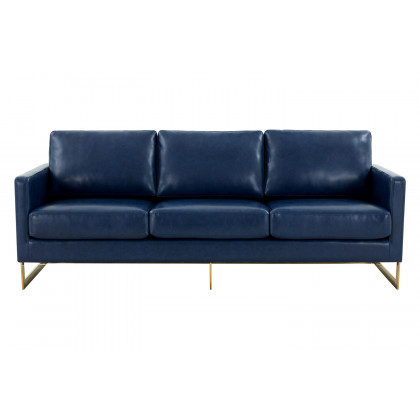 LeisureMod Lincoln Leather Sofa with Gold Frame - Navy Blue