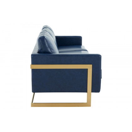 LeisureMod Lincoln Leather Sofa with Gold Frame - Navy Blue