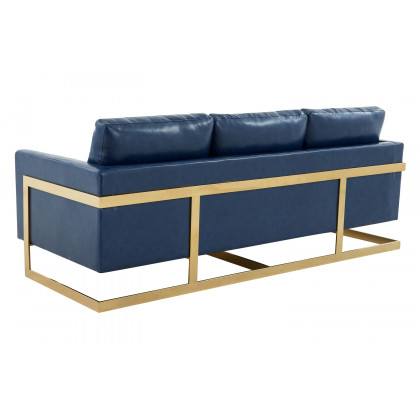 LeisureMod Lincoln Leather Sofa with Gold Frame - Navy Blue