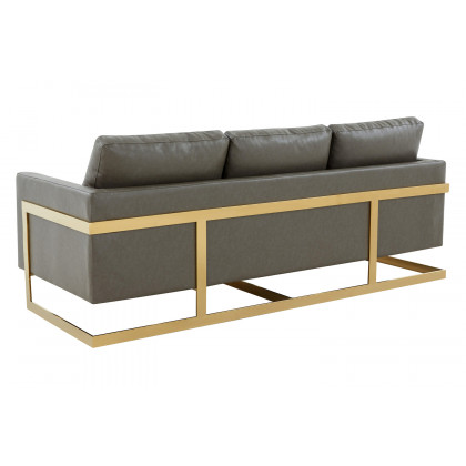LeisureMod Lincoln Leather Sofa with Gold Frame - Gray