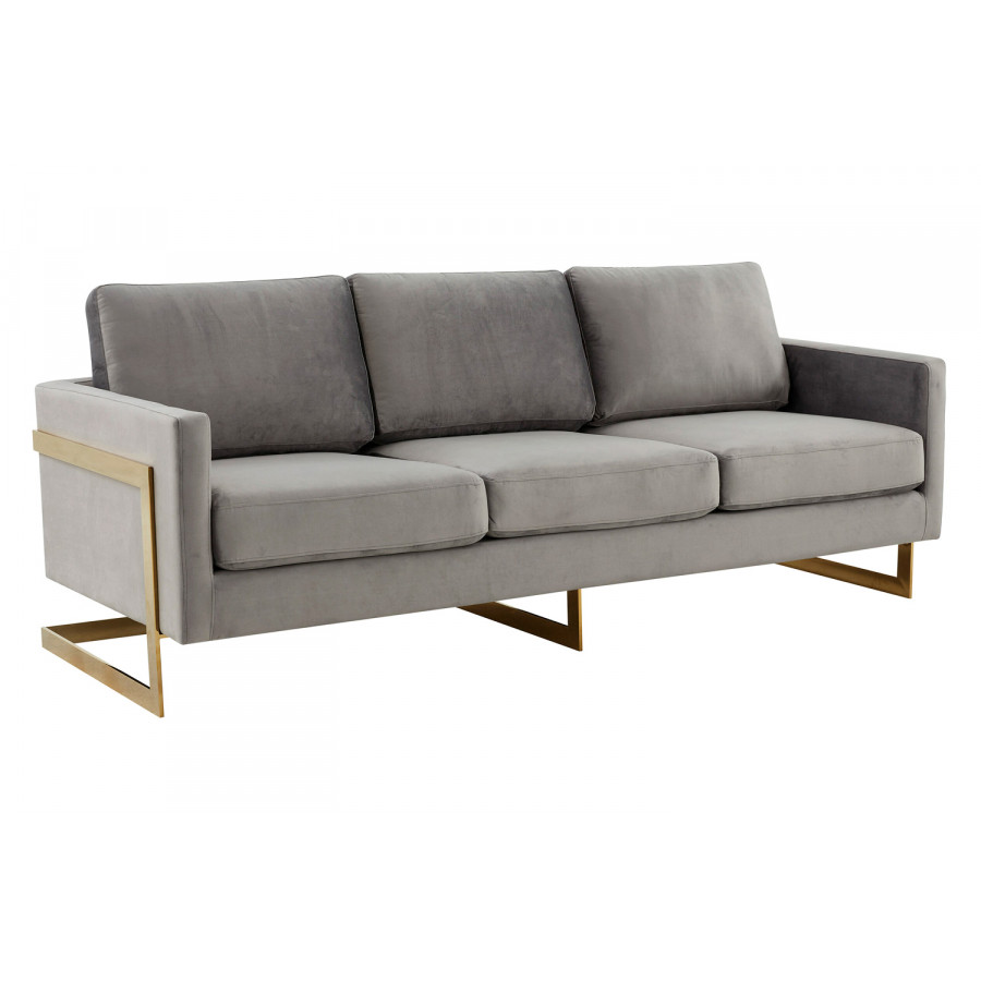 LeisureMod Lincoln Velvet Sofa with Gold Frame - Light Gray