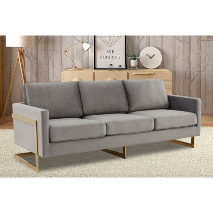 LeisureMod Lincoln Velvet Sofa with Gold Frame - Light Gray