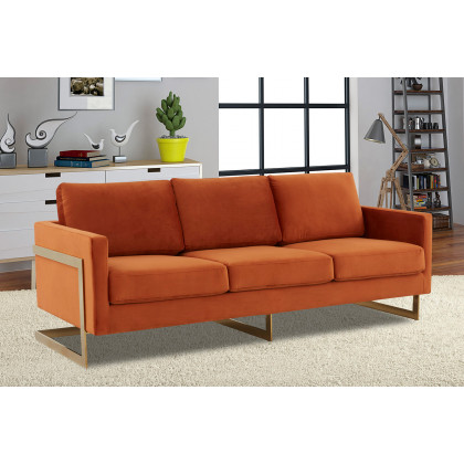 LeisureMod Lincoln Velvet Sofa with Gold Frame - Orange/Marmalade