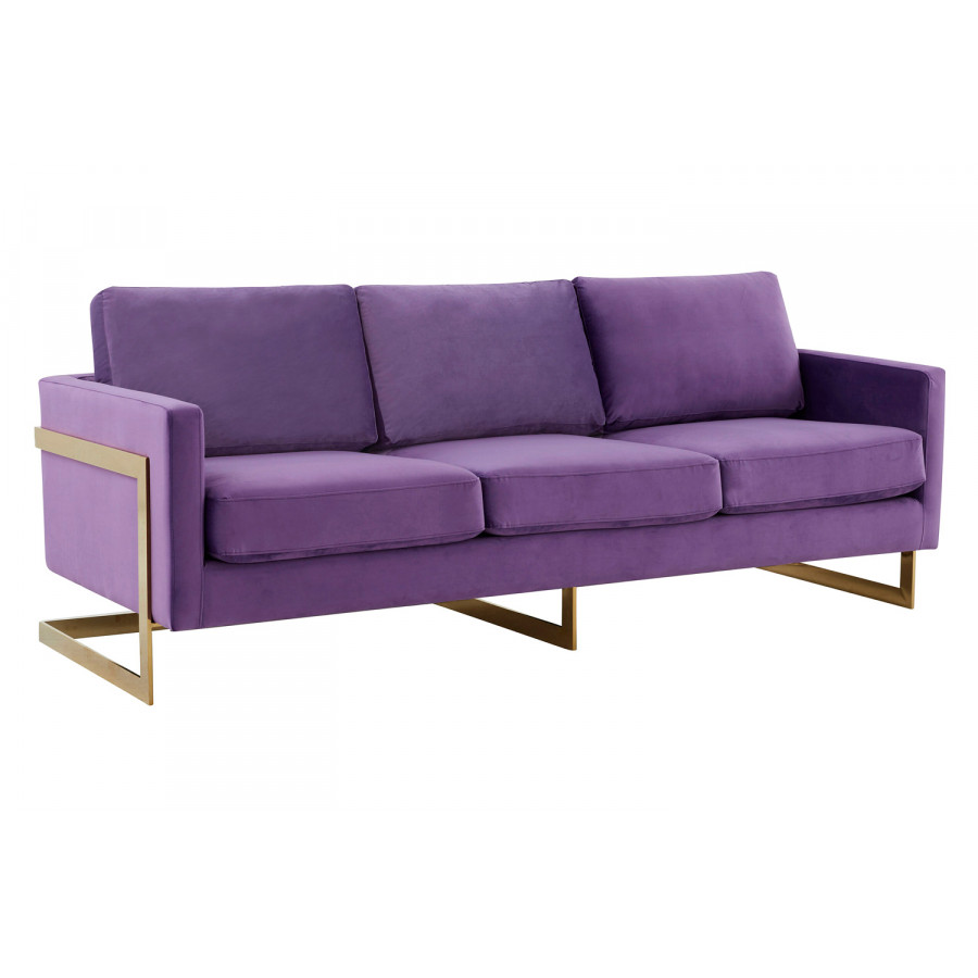 LeisureMod Lincoln Velvet Sofa with Gold Frame - Purple