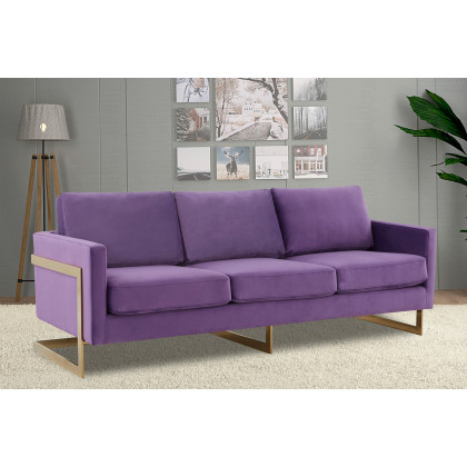 LeisureMod Lincoln Velvet Sofa with Gold Frame - Purple
