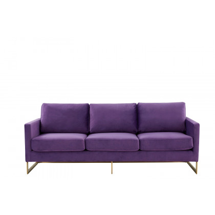 LeisureMod Lincoln Velvet Sofa with Gold Frame - Purple